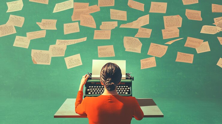 Sessão de escrita criativa com uma máquina de escrever antiga e notas espalhadas evocando inspiração e imaginação em um espaço de trabalho brilhante