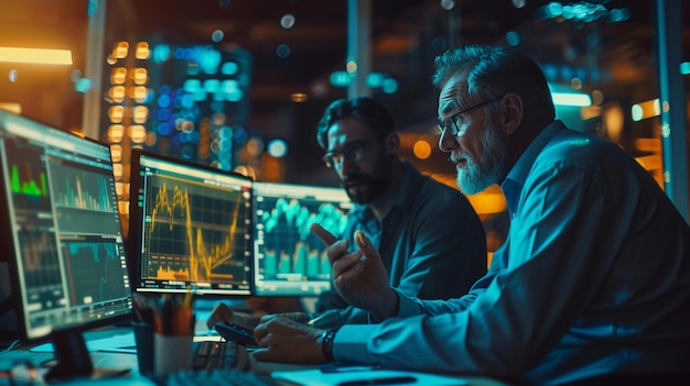 Foto sessão de estratégia de investimento colaborativa com dois homens em monitores de computador