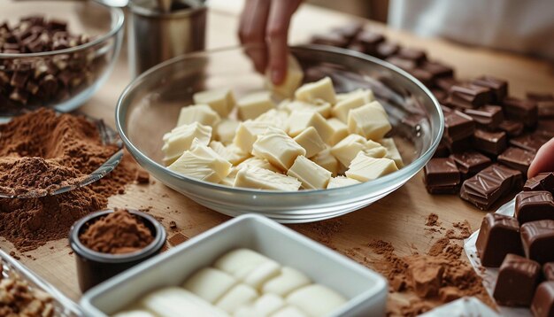 Foto sessão de fabricação de chocolate branco feito à mão no dia branco