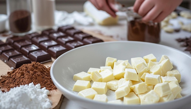 Sessão de fabricação de chocolate branco feito à mão no Dia Branco