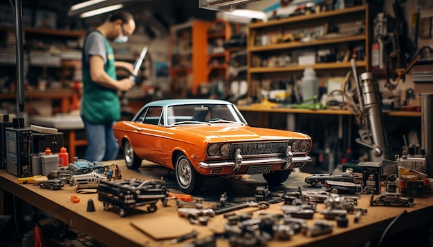 Foto sessão de fotos de cena de loja de reparo de carro de diorama fotorrealista