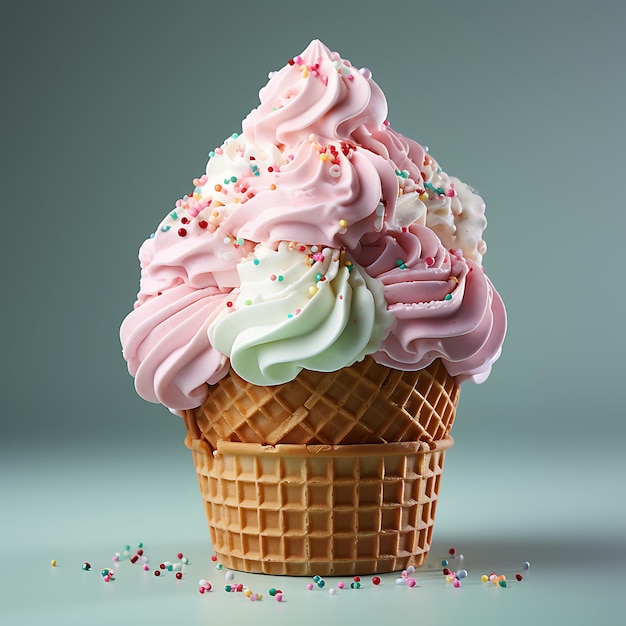 sessão de fotos de cone de sorvete sobre fundo pastel sólido de gelo macio