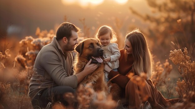 Sessão de fotos de família com um cachorro cores quentes composições atmosféricas homem mulher menina e cachorro