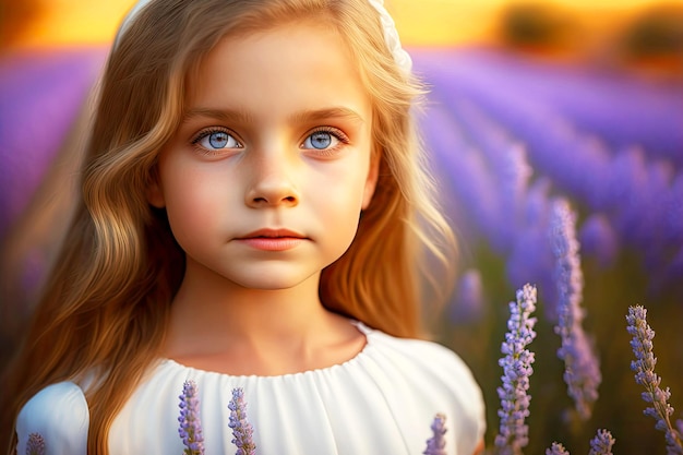 Sessão de fotos de uma linda garota de olhos azuis em um vestido branco em um lindo campo de lavanda