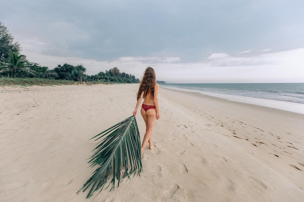 Sessão de fotos de verão. Uma jovem adorável com cabelo castanho em uma tanga vermelha posa de pé com as costas segurando uma folha de palmeira na mão. Vista atmosférica da praia com areia, mar, árvores e céu azul.