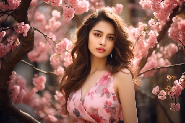 Foto sessão de fotos modelo feminina asiática com belos flores de cerejeira fundo da natureza