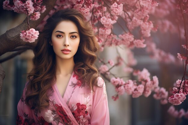 sessão de fotos modelo feminina asiática com belos flores de cerejeira fundo da natureza