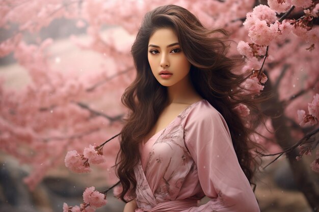 sessão de fotos modelo feminina asiática com belos flores de cerejeira fundo da natureza