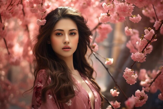 sessão de fotos modelo feminina asiática com belos flores de cerejeira fundo da natureza