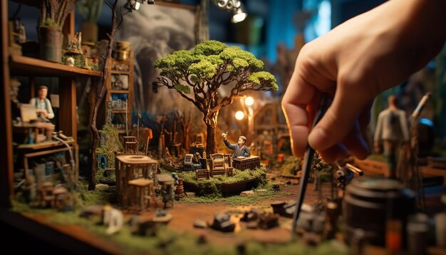 Sessão de fotos profissional de Diorama Conceito de miniatura de modelos mínimos