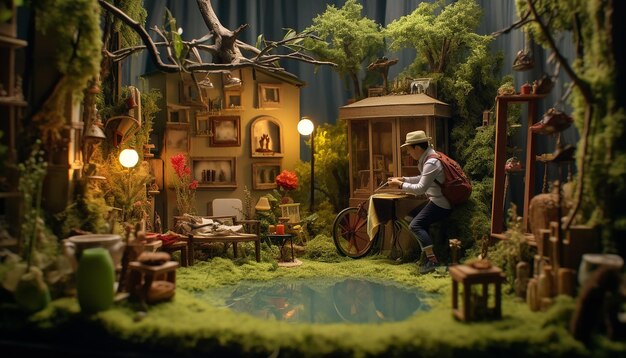 Sessão de fotos profissional de Diorama Conceito de miniatura de modelos mínimos