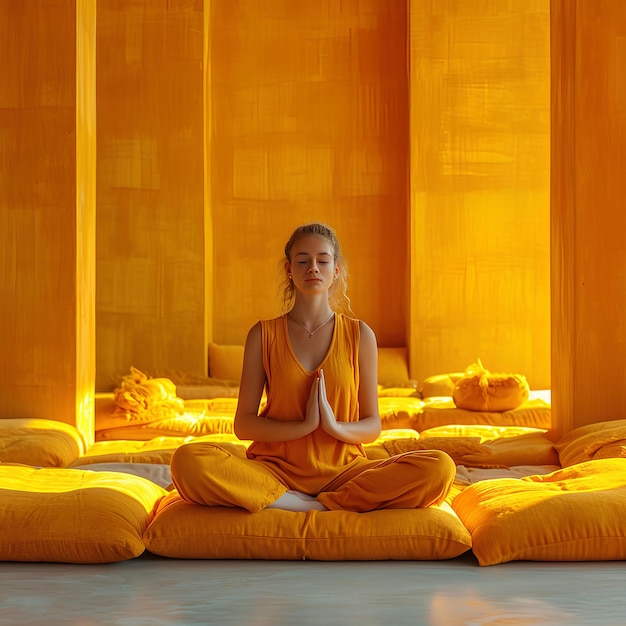 Sessão de ioga e retrato de pose de ioga de meninas na sala de meditação amarela