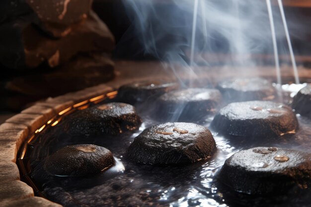 Foto sessão de sauna a vapor, derramando água sobre pedras quentes