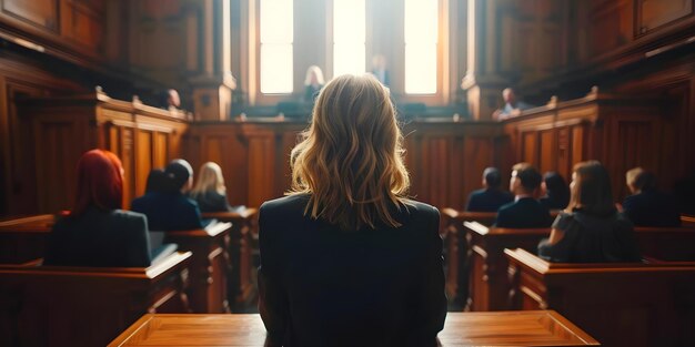 Foto sessão de tribunal com uma juíza presidindo pessoas ouvindo argumentos e provas em um sistema judicial configuração do conceito sessão do tribunal juíza ouvindo arguments
