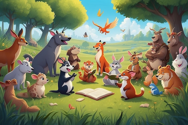 Sessão encantadora de contar histórias de animais em ilustrações de campos de grama