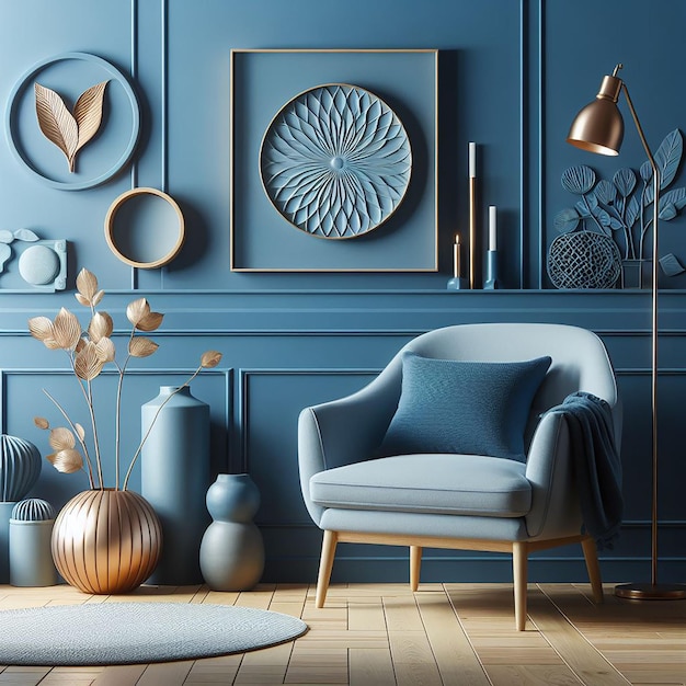 Sessão fotográfica azul livre contra parede azul no interior da sala de estar design interior elegante