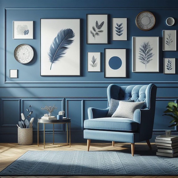 Sessão fotográfica azul livre contra parede azul no interior da sala de estar design interior elegante