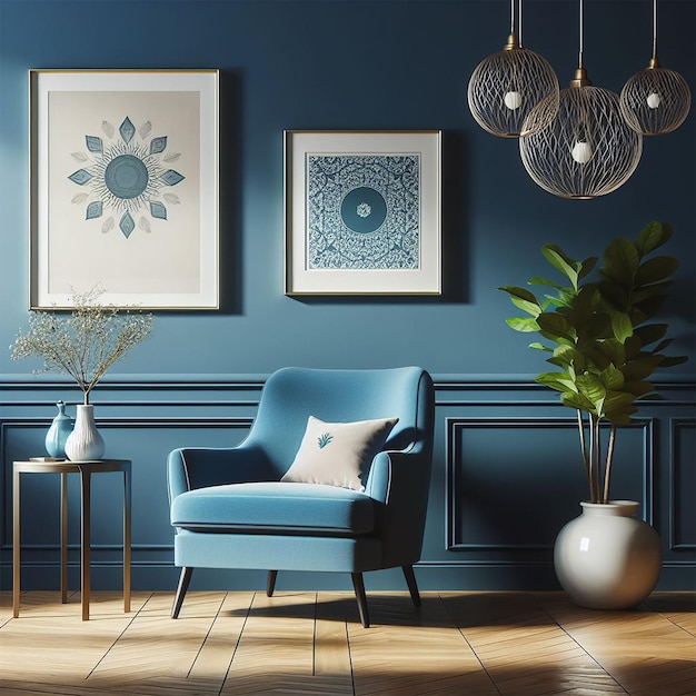 Sessão fotográfica azul livre contra parede azul no interior da sala de estar design interior elegante