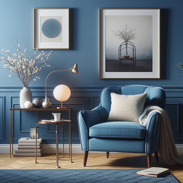 Sessão fotográfica azul livre contra parede azul no interior da sala de estar design interior elegante