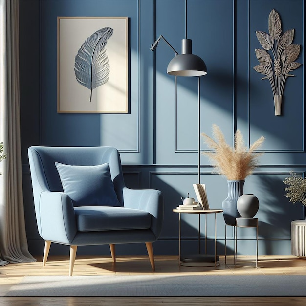 Sessão fotográfica azul livre contra parede azul no interior da sala de estar design interior elegante