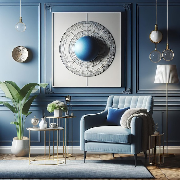 Sessão fotográfica azul livre contra parede azul no interior da sala de estar design interior elegante