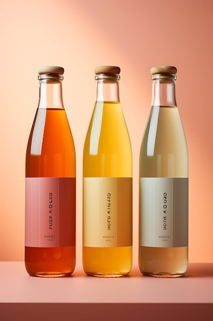 Sessão fotográfica de embalagem de um conjunto de 3 garrafas de vidro para um novo conjunto de design criativo da marca Kombuchá P