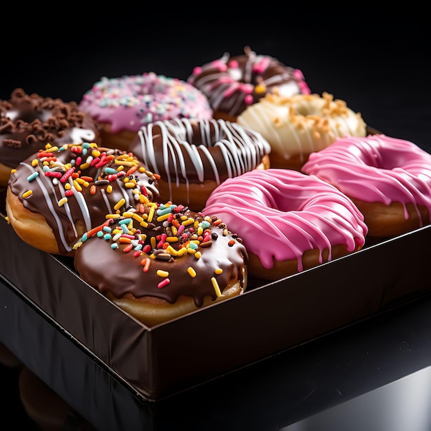 Sessão fotográfica de embalagem de uma caixa de donuts especiais capturada em um ângulo usando um conjunto de design criativo