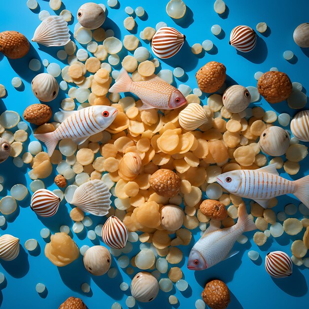 Foto sessão fotográfica de peixe e batatas fritas com conchas e decorações de bolas de praia bl topview poster festival