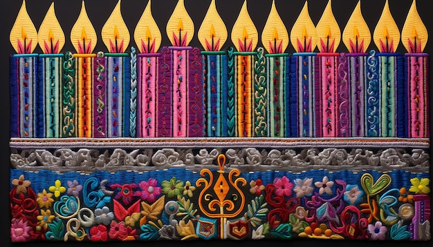 Sessão fotográfica macro de broderia de velas de Hanukkah