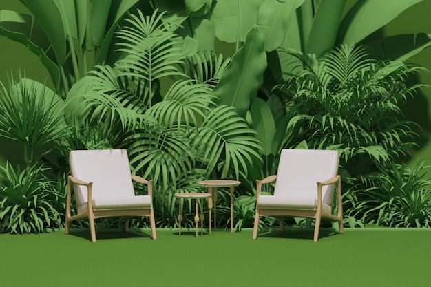 Sessel mit tropischem Garten auf grünem Hintergrund Studio mit tropischen Bäumen und Blättern Anzeige
