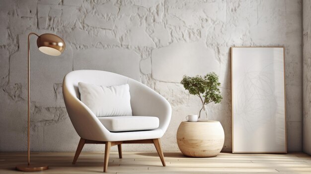 Sessel und Beistelltisch aus Holz neben weißer Wand mit rundem Akzent-Wanddekor Generative AI