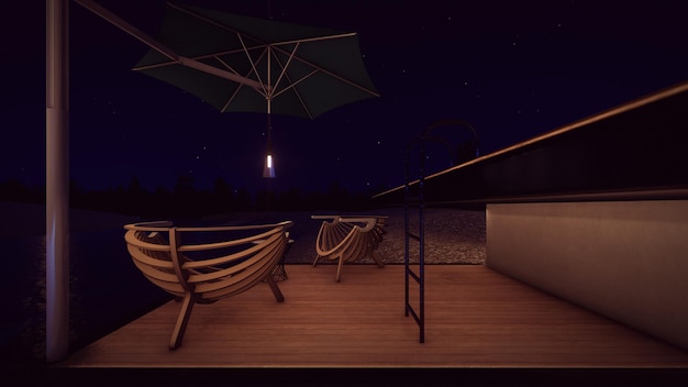 Sessel und Couchtisch am Flussufer im Abendlicht mit Sternen 3D-Darstellung