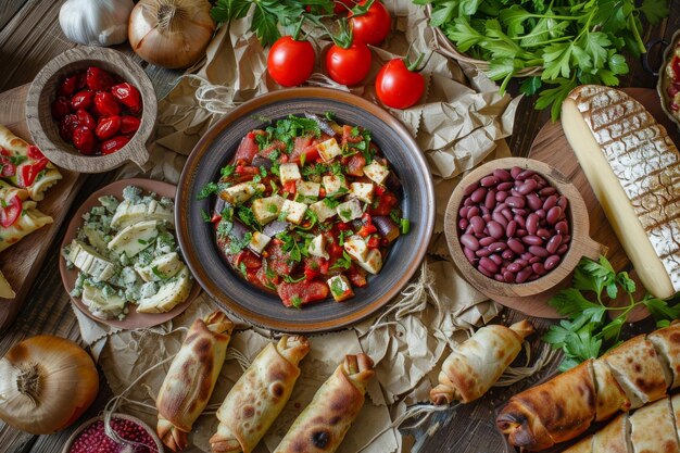 Set de almuerzo tradicional georgiano con frijoles rojos Lobio Rollos de pimienta de berenjena y plato de queso Vista superior