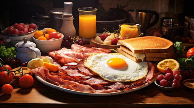 Set amerikanisches Frühstück auf dem Tisch, gebratenes Ei, Schinken und Speck