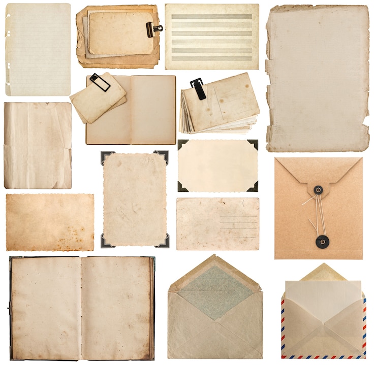 Foto set aus altem papier, buch, seite, pappe, umschlag, bilderrahmen mit ecke isoliert auf weißem hintergrund