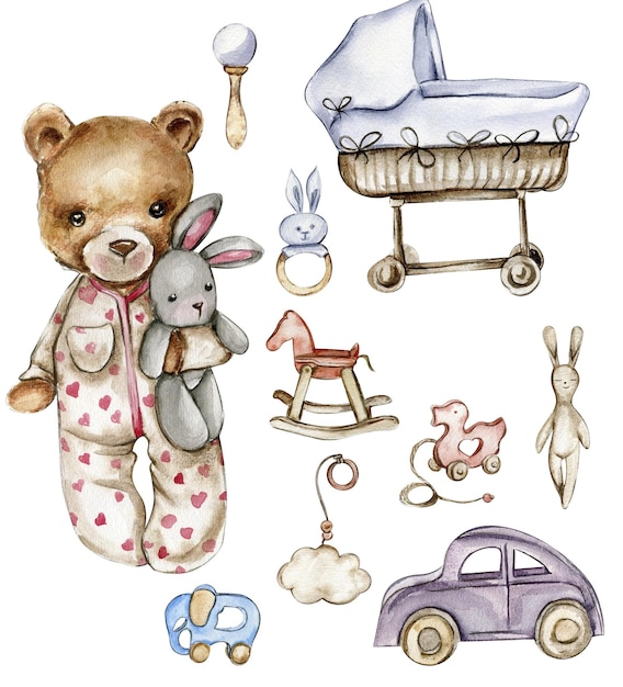 Set aus Aquarell-Babyspielzeug und Teddybär. Holz-Kinderspielzeug, Aquarell handgezeichnet