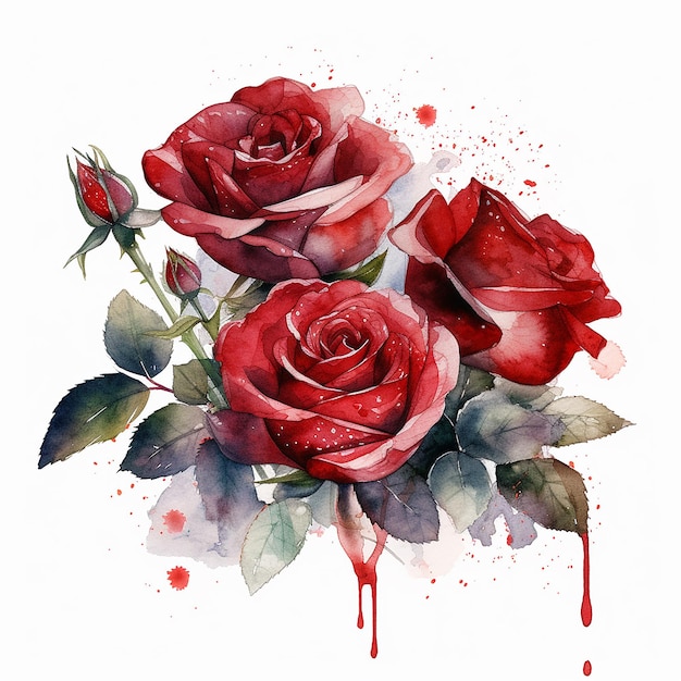 Set aus Aquarell-roten Rosen isoliert auf weißem Hintergrund