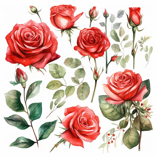 Set aus Aquarell-roten Rosen isoliert auf weißem Hintergrund