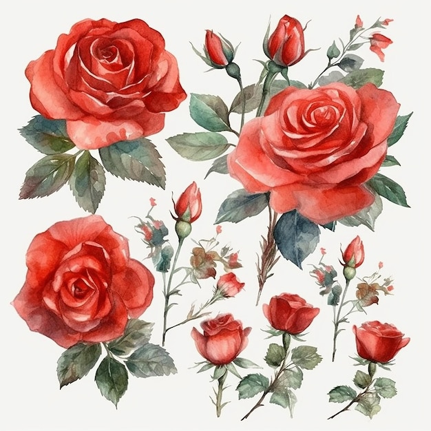 Set aus Aquarell-roten Rosen isoliert auf weißem Hintergrund