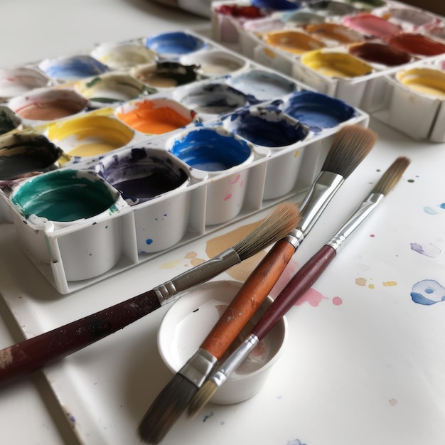 Set aus Aquarellfarben und Pinseln mit generativer KI