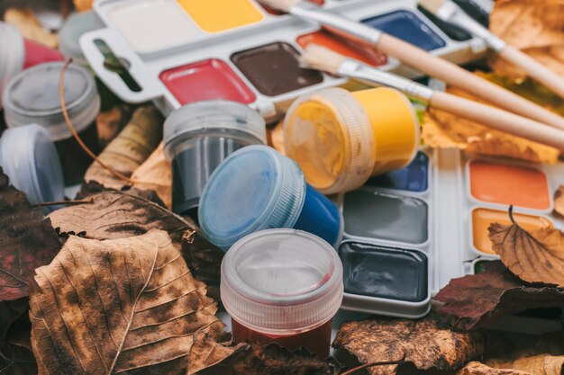 Set aus Aquarellfarben und Pinseln zum Malen von Nahaufnahmen auf dem Hintergrund von Herbstblättern