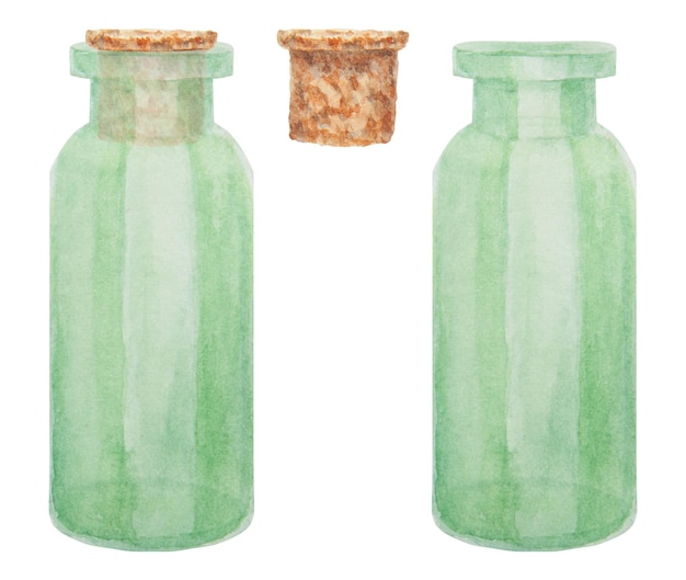 Set aus aquarellgrünen Glasflaschen mit Kork-Clip-Art-Zeichnung, Skizze, Illustration, stilvoller Herkunft