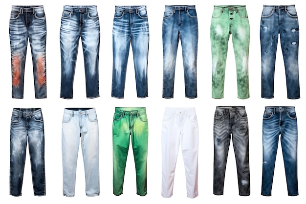 Set aus blau-grünen und grauen modischen Jeans auf weißem Hintergrund Männerbekleidungsset aus blau