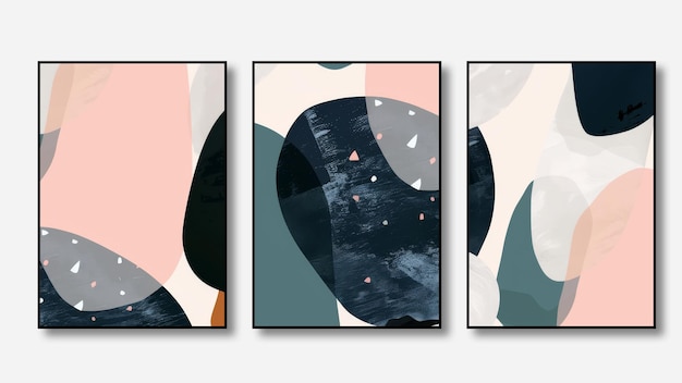 Set aus drei abstrakten Hintergründen, geometrischen Kunstmustern und Illustrationen