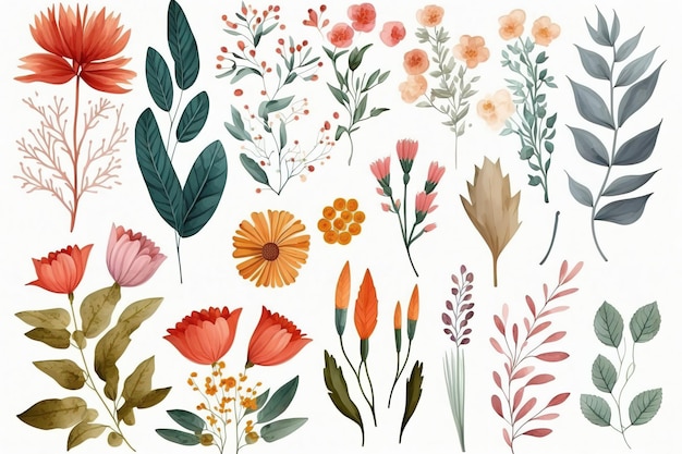 Set aus einzelnen Blumenteilen in Aquarellen