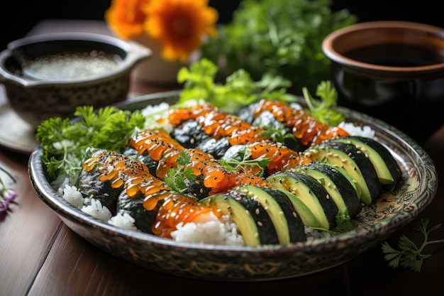 Foto set aus frischem und farbenfrohem vegetarischem sushi, generativ ia