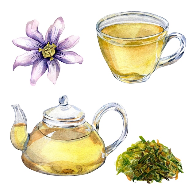 Set aus Glas Teekanne und Tasse Passionsblume Aquarell Illustration isoliert auf weißem Hintergrund