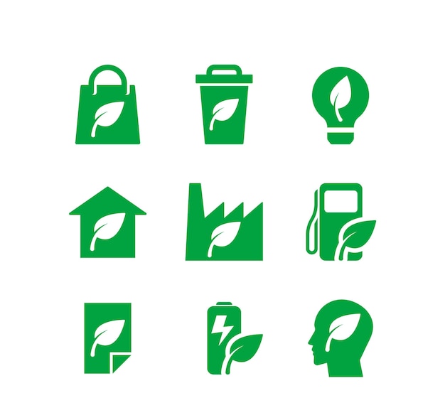 Set aus grünen Ikonen, die ökologische Konzepte wie Recycling, nachhaltige Energie und umweltfreundliche Energie darstellen.