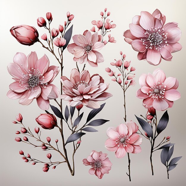 Set aus isolierten rosa Blumen und grünen Blättern, Aquarell-Set mit Blumenarrangements