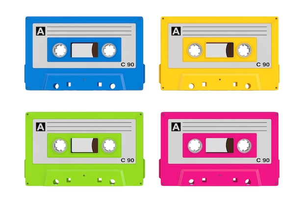Set aus mehrfarbigen alten vintage-audiokassetten auf weißem hintergrund 3d-rendering